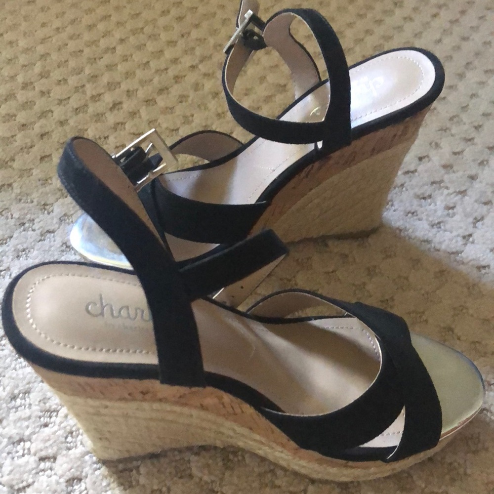Charles black suede wedge sandal. Size 5.5